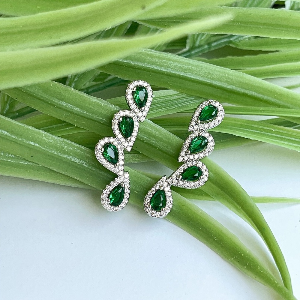Green Ear Climber Crawler Zirconia Gemstone Teardrop Earrings, Gold / Silver